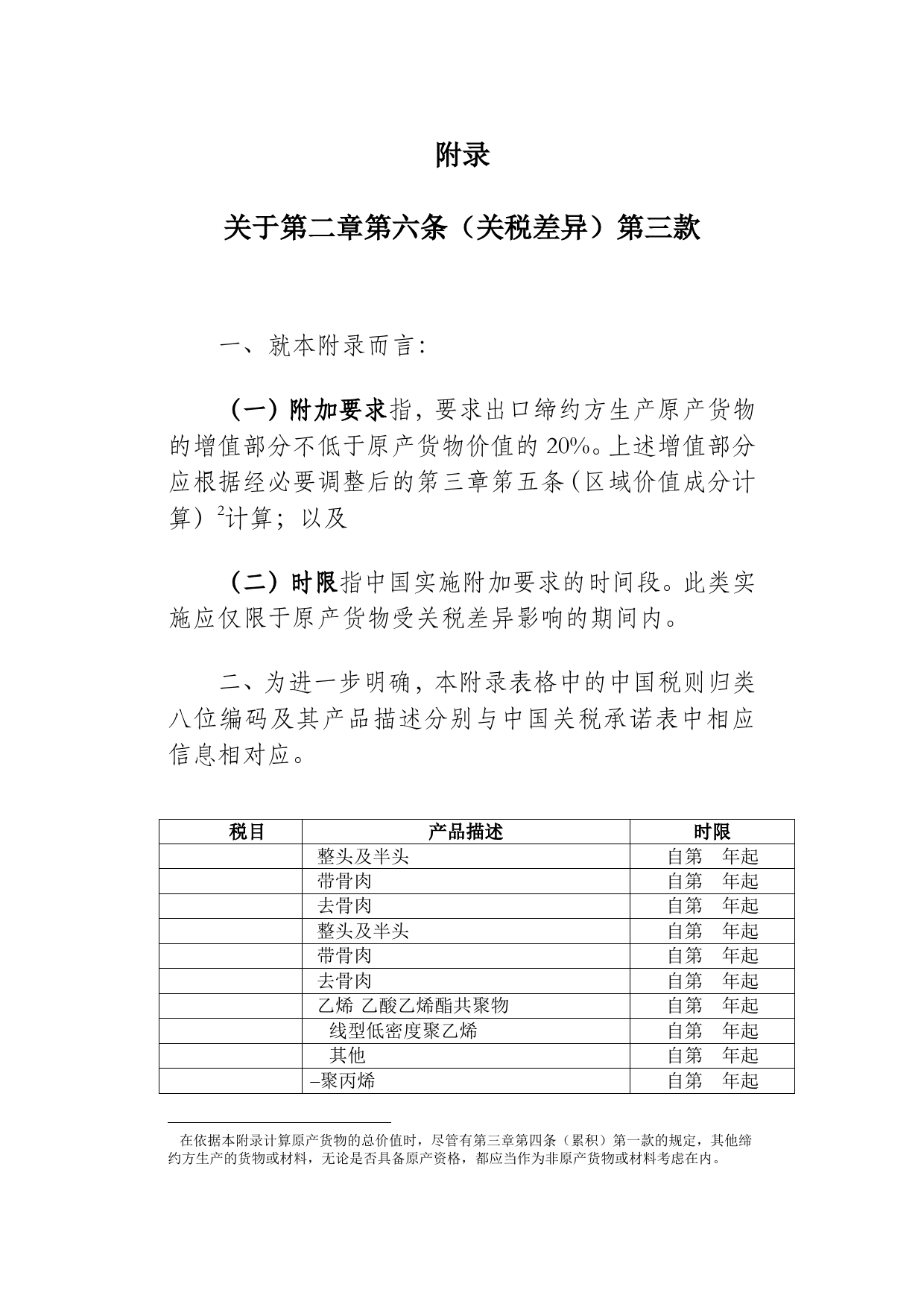 《区域全面经济伙伴关系协定》（RCEP）_ 中国关税承诺表- 附录：关于第二章第六条（关税差异）第三款07 Appendix - CN_cn_第1页