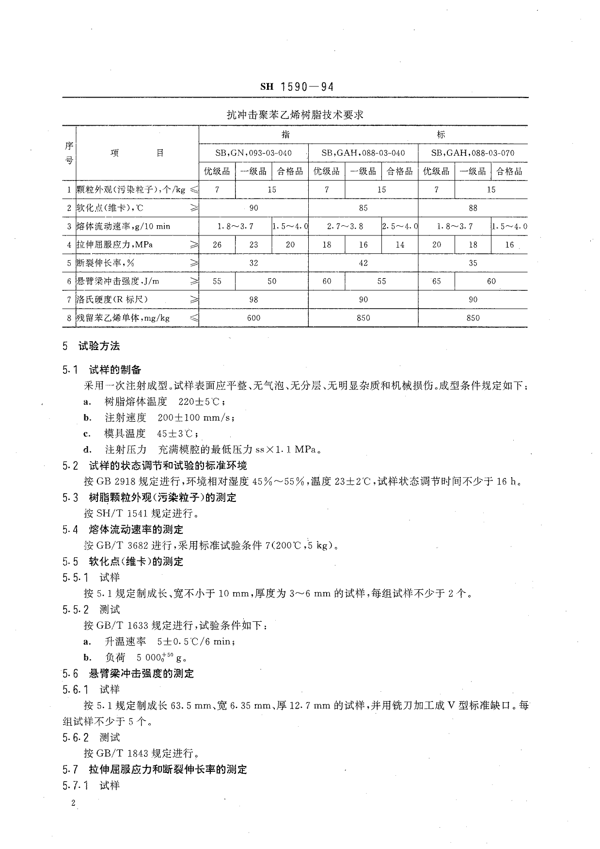 SH 1590-1994 苯乙烯-丁二烯系列抗冲击苯乙烯（SB）树脂_第3页