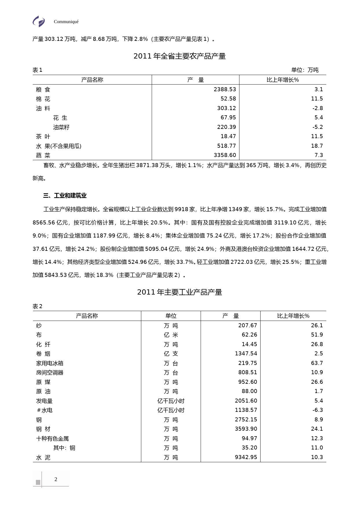 2011年湖北省国民经济和社会发展统计公报_第2页