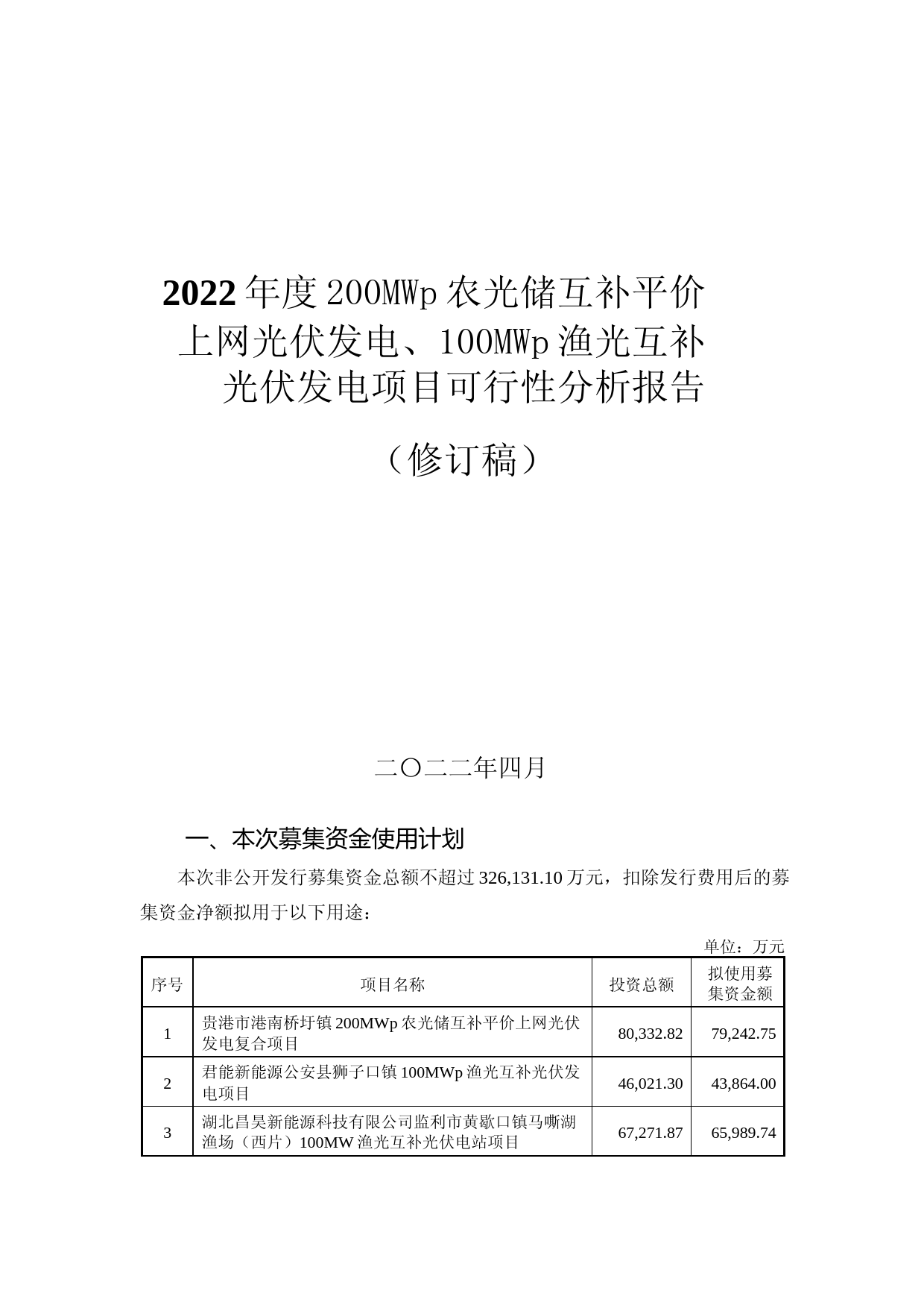 2022年度200MWp农光储互补平价上网光伏发电、100MWp渔光互补光伏发电项目可行性分析报告（修订稿）