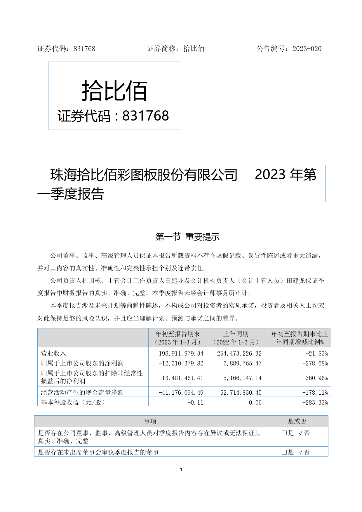拾比佰：2023年一季度报告_第1页
