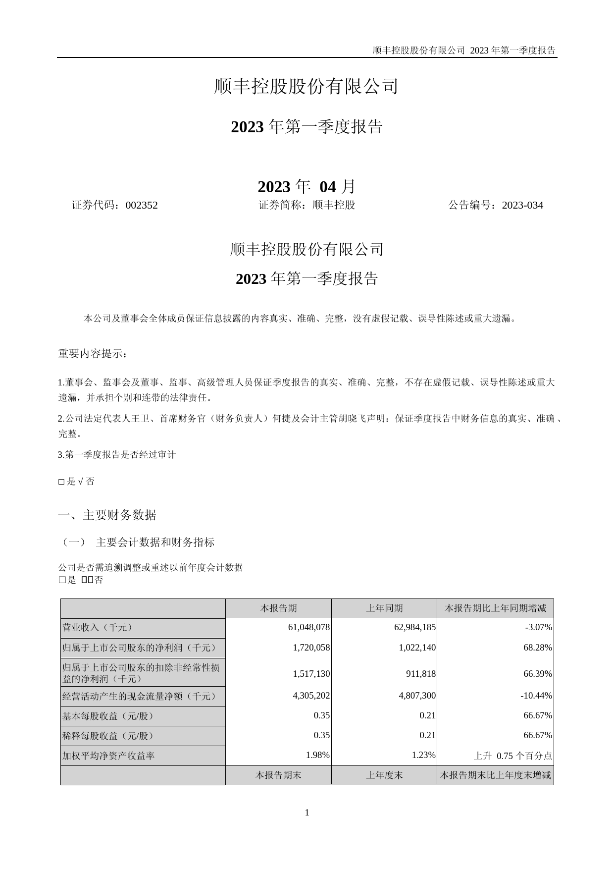 顺丰控股：2023年一季度报告_第1页