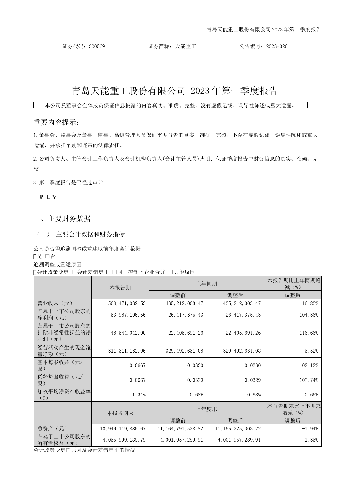 天能重工：2023年一季度报告_第1页