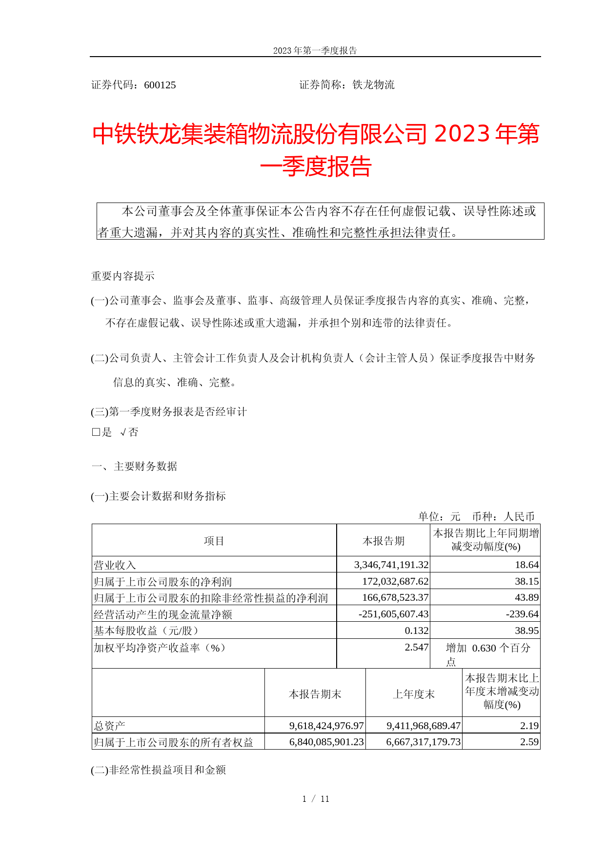 铁龙物流：中铁铁龙集装箱物流股份有限公司2023年第一季度报告