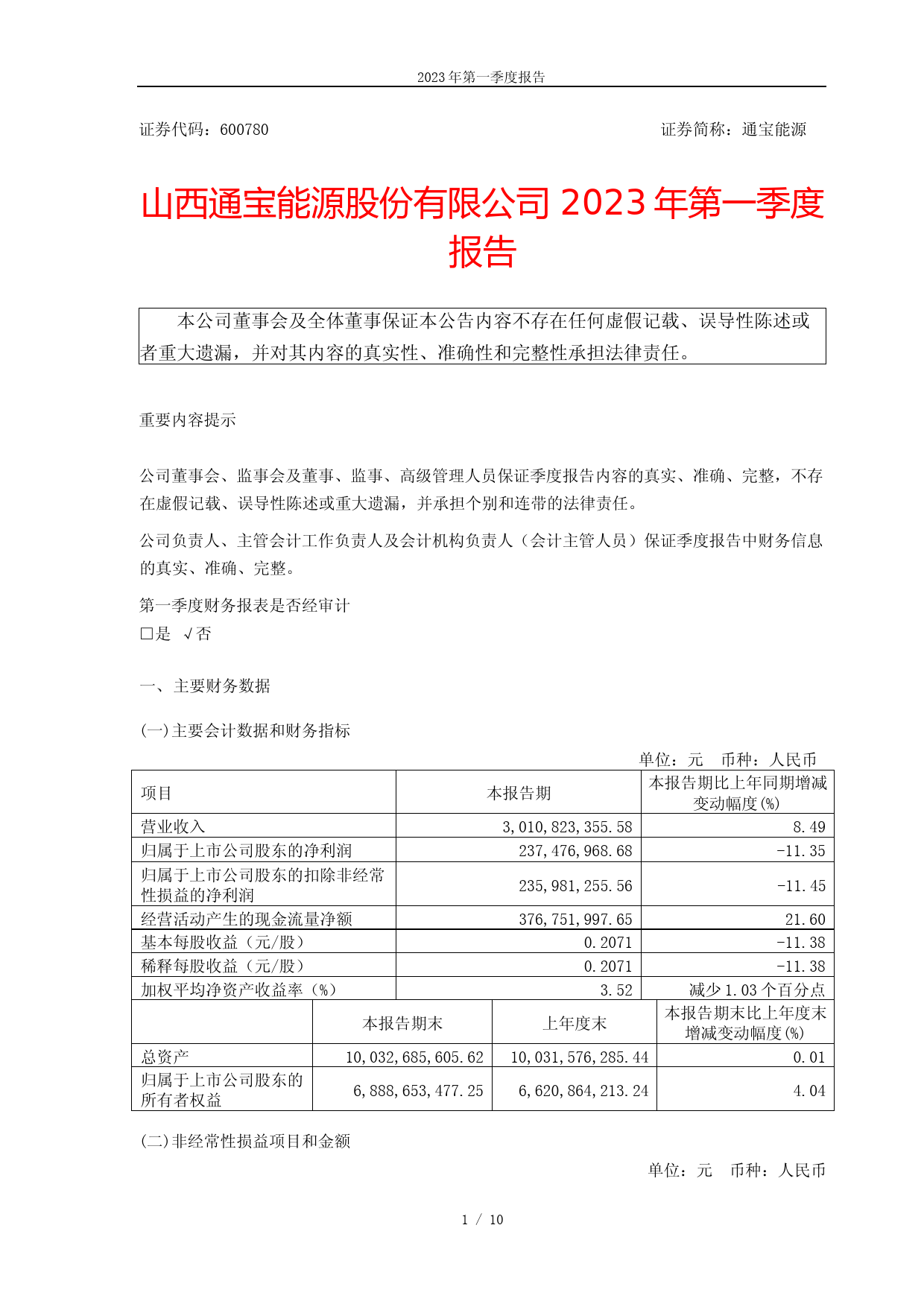 通宝能源：山西通宝能源股份有限公司2023年第一季度报告_第1页