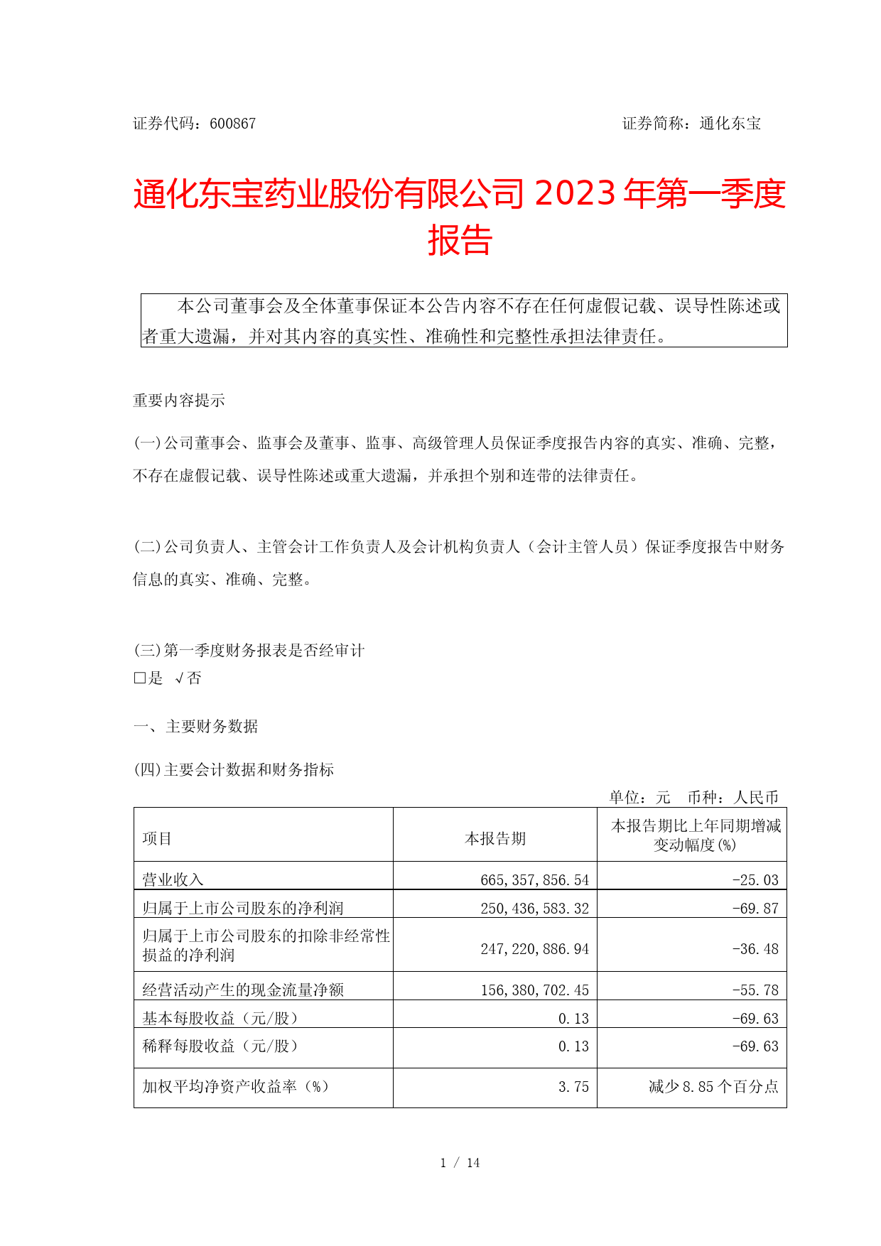 通化东宝：通化东宝2023年第一季度报告
