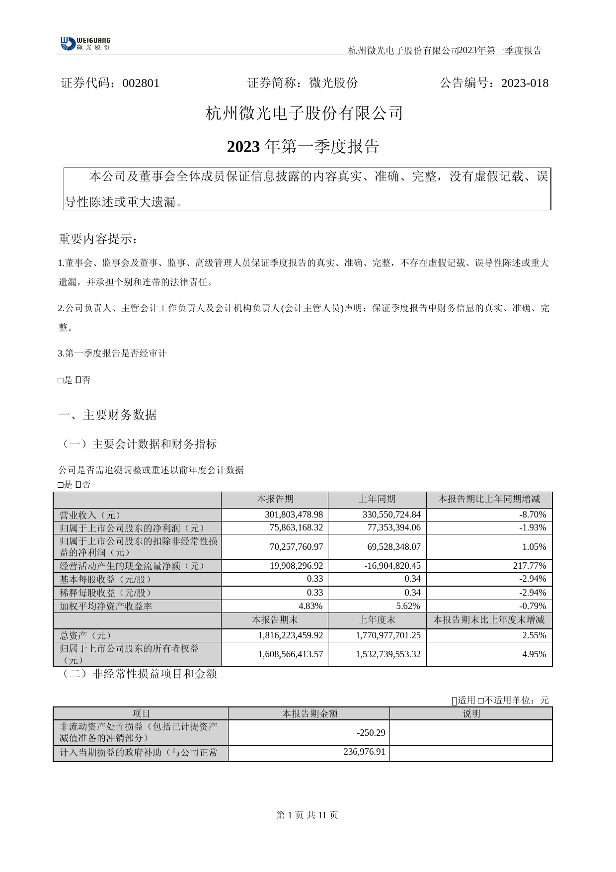 微光股份：2023年一季度报告