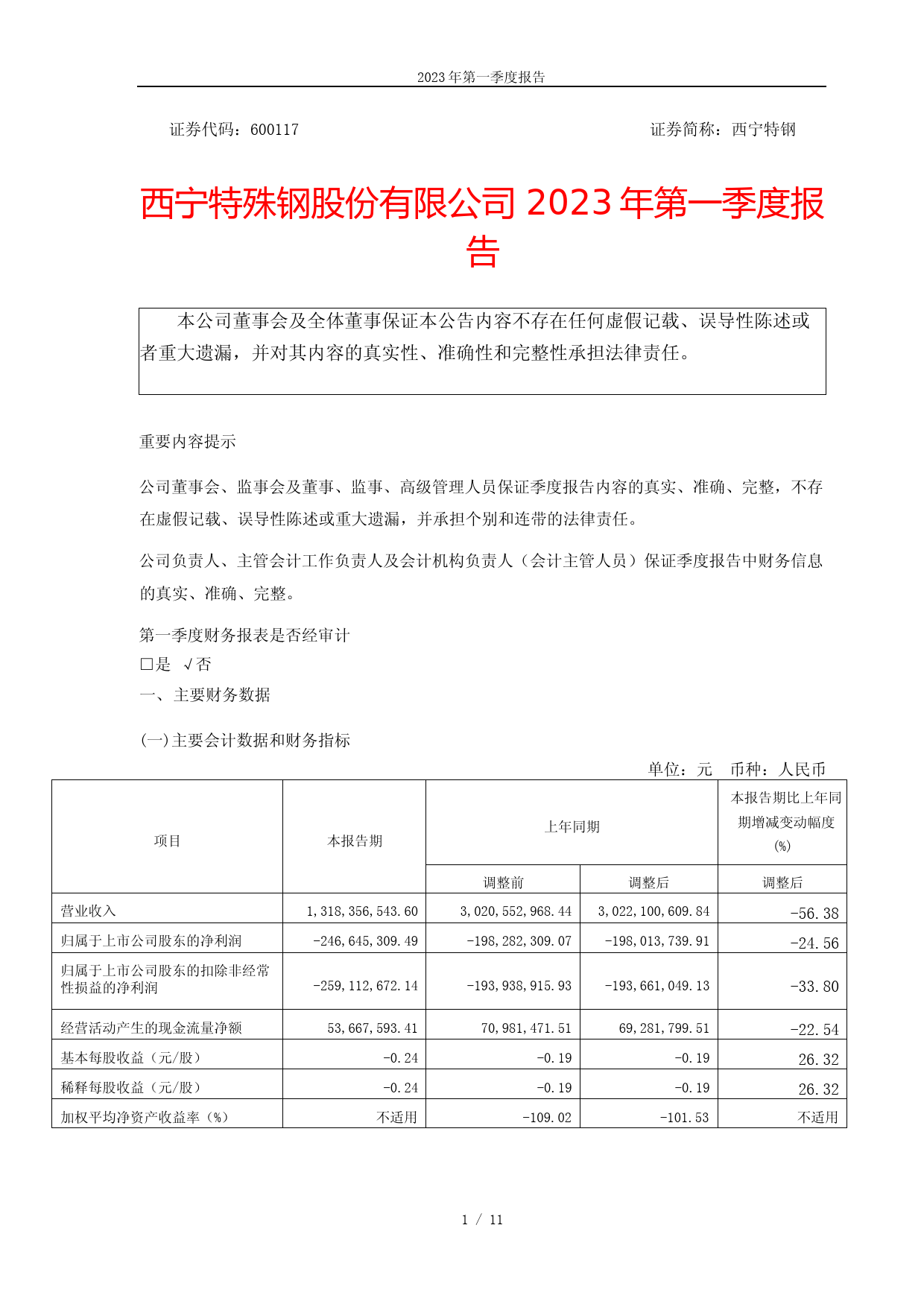 西宁特钢：西宁特殊钢股份有限公司2023年第一季度报告_第1页