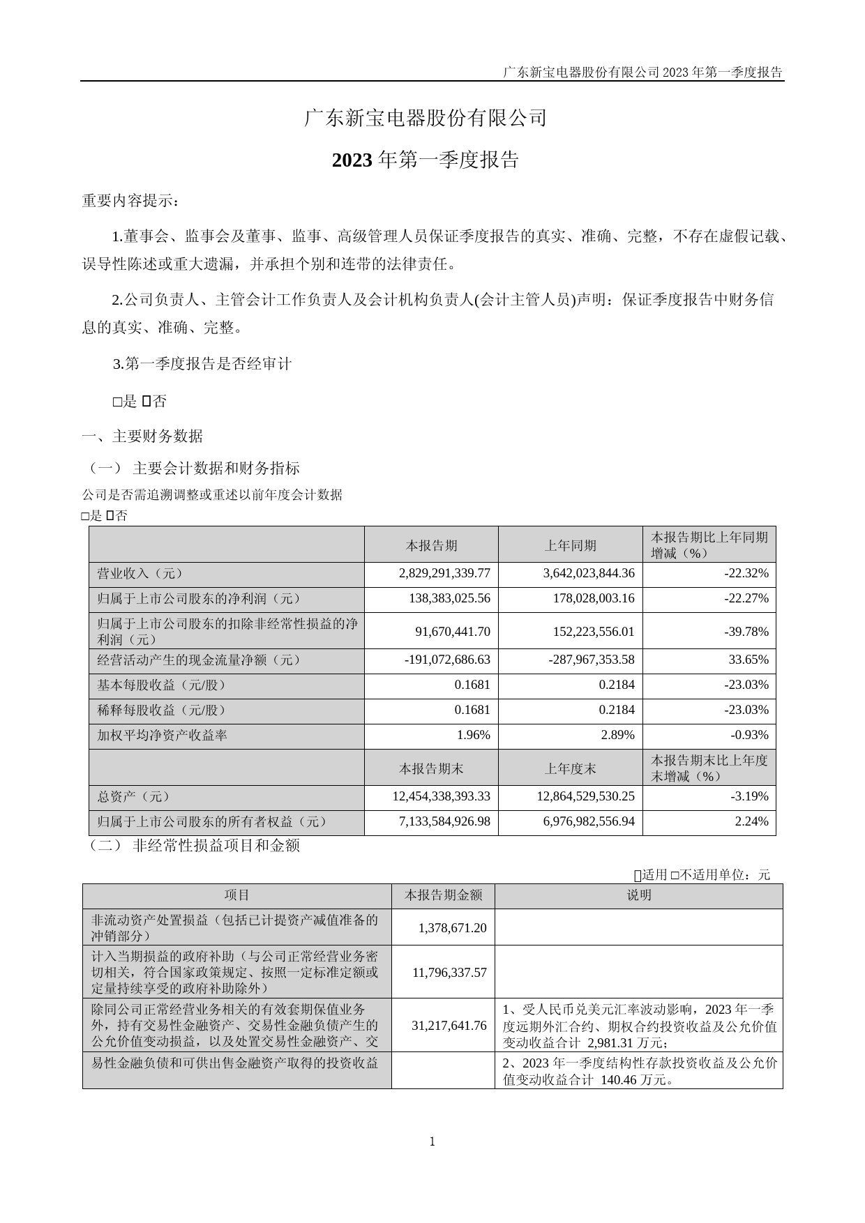 新宝股份：2023年一季度报告_第1页
