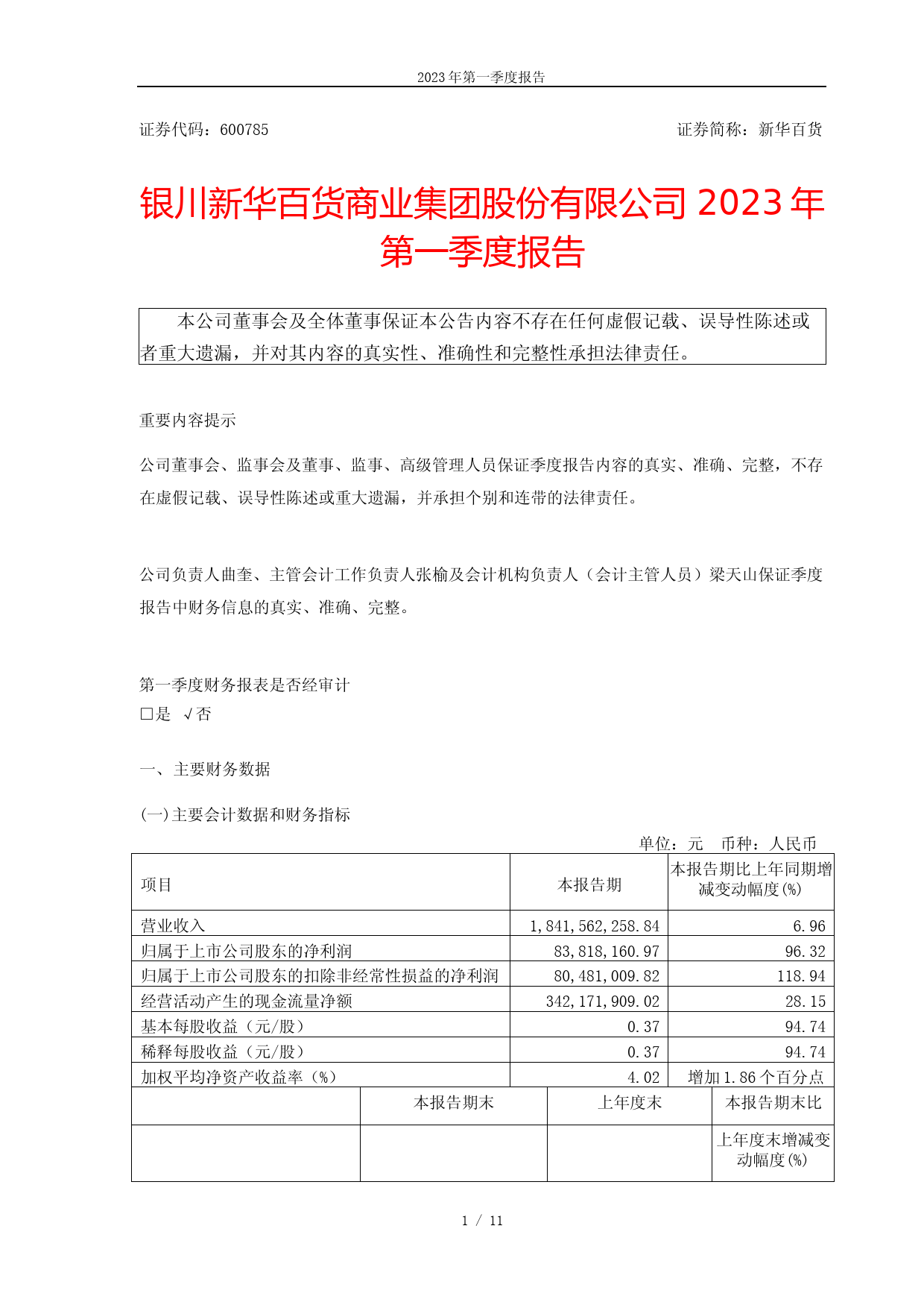 新华百货：银川新华百货商业集团股份有限公司2023年第一季度报告_第1页