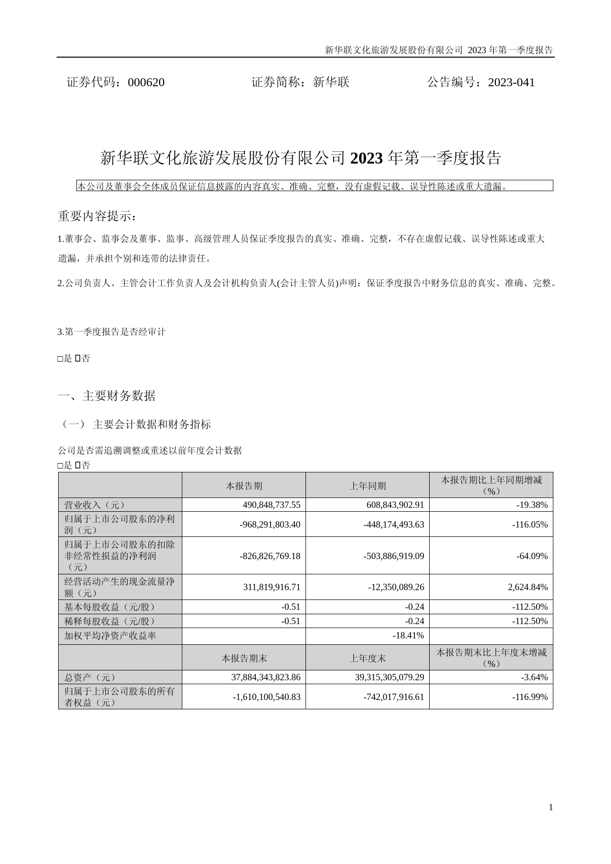 新华联：2023年一季度报告_第1页