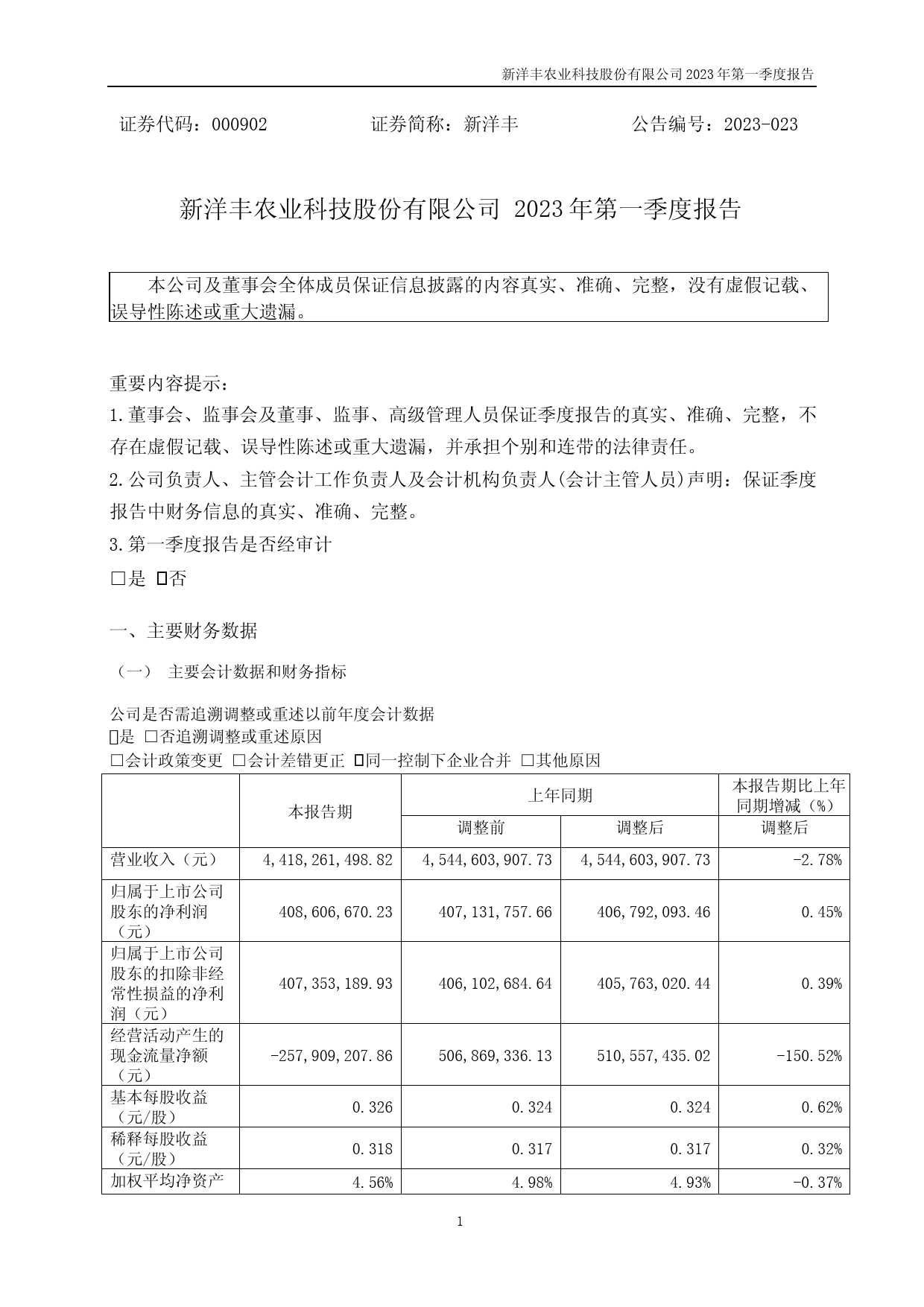 新洋丰：2023年一季度报告_第1页