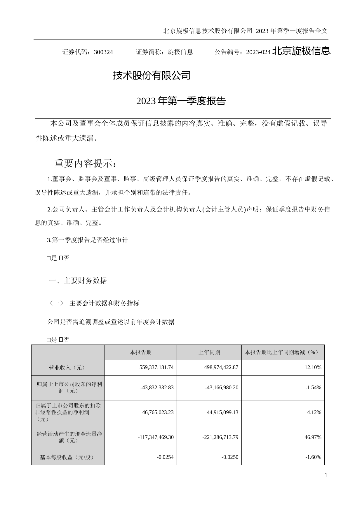 旋极信息：2023年一季度报告_第1页