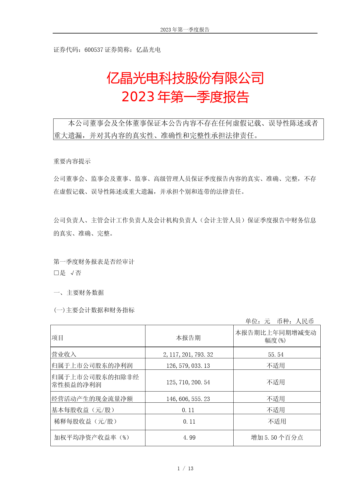 亿晶光电：亿晶光电科技股份有限公司2023年第一季度报告
