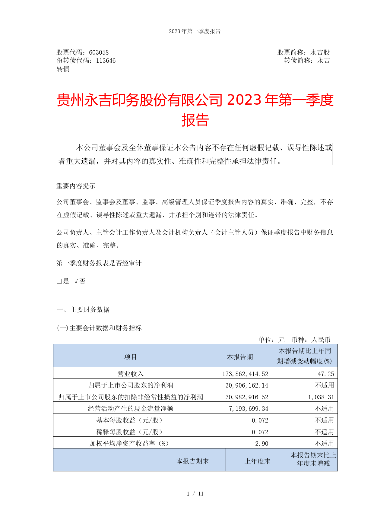 永吉股份：贵州永吉印务股份有限公司2023年第一季度报告
