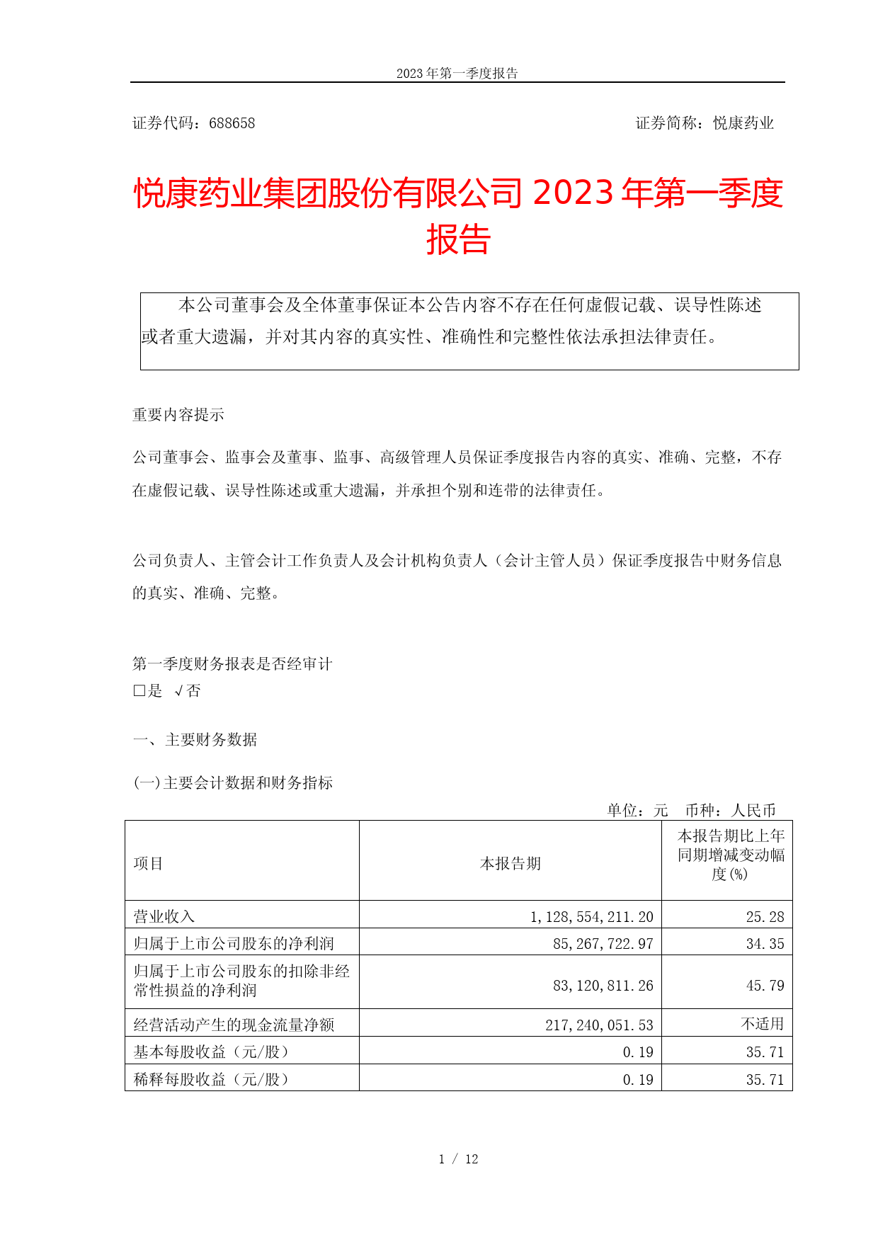 悦康药业：2023年第一季度报告_第1页