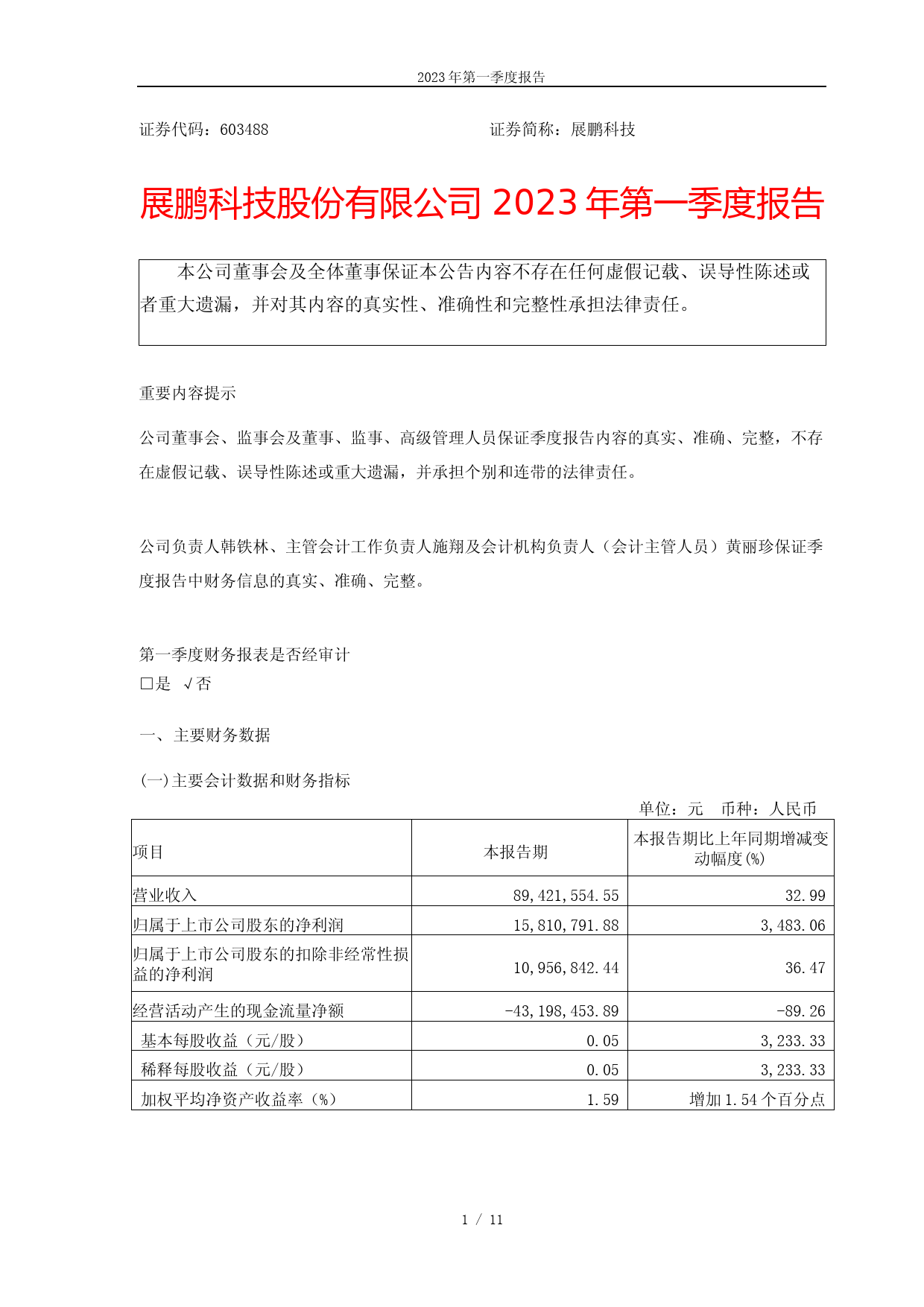展鹏科技：展鹏科技股份有限公司2023年第一季度报告