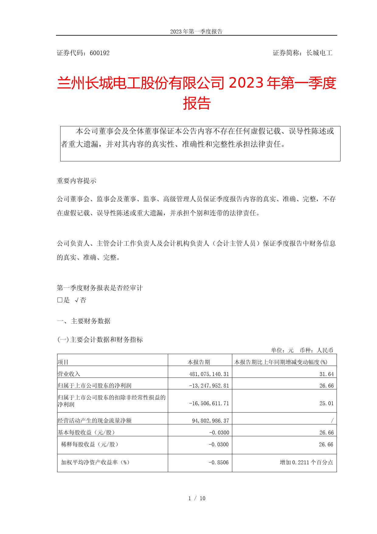长城电工：长城电工2023年第一季度报告