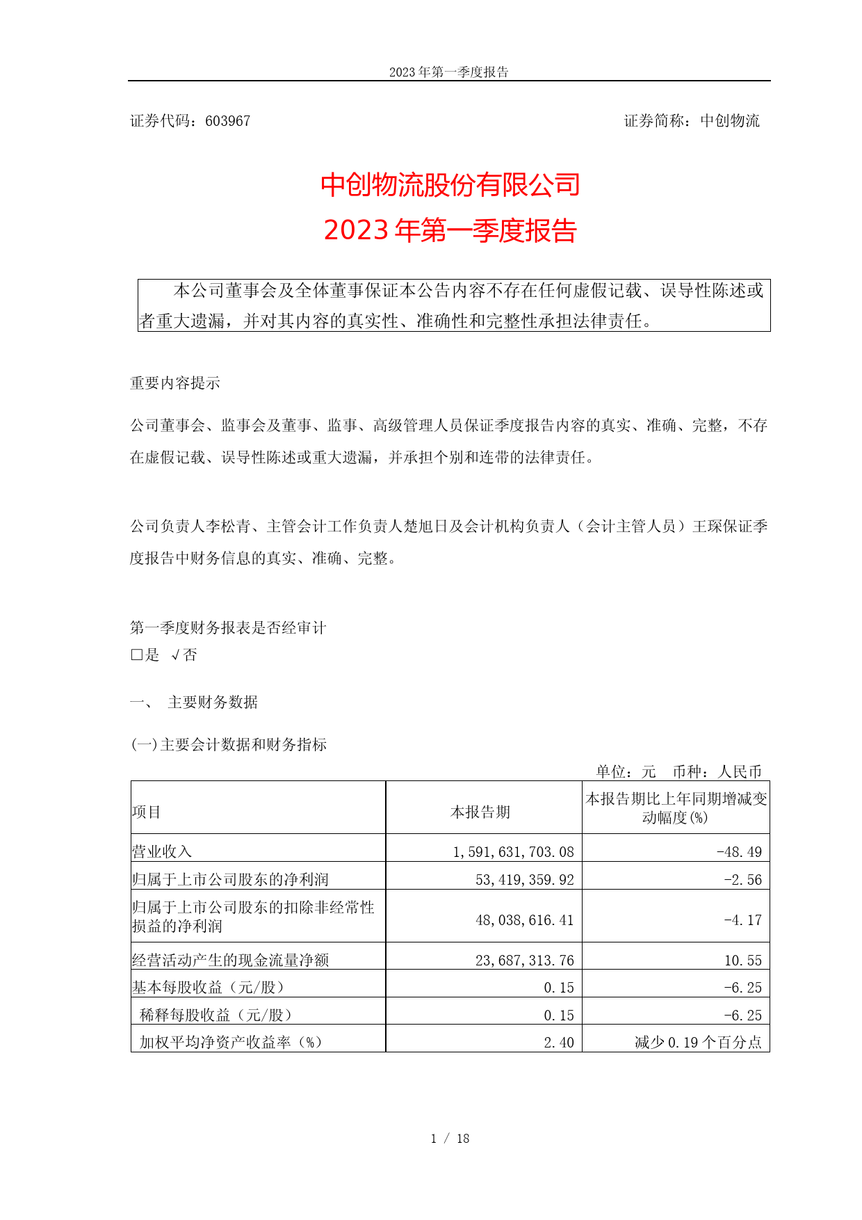 中创物流：中创物流股份有限公司2023年第一季度报告_第1页