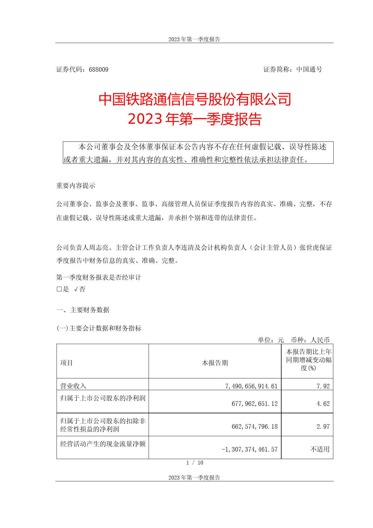 中国通号：2023年第一季度报告