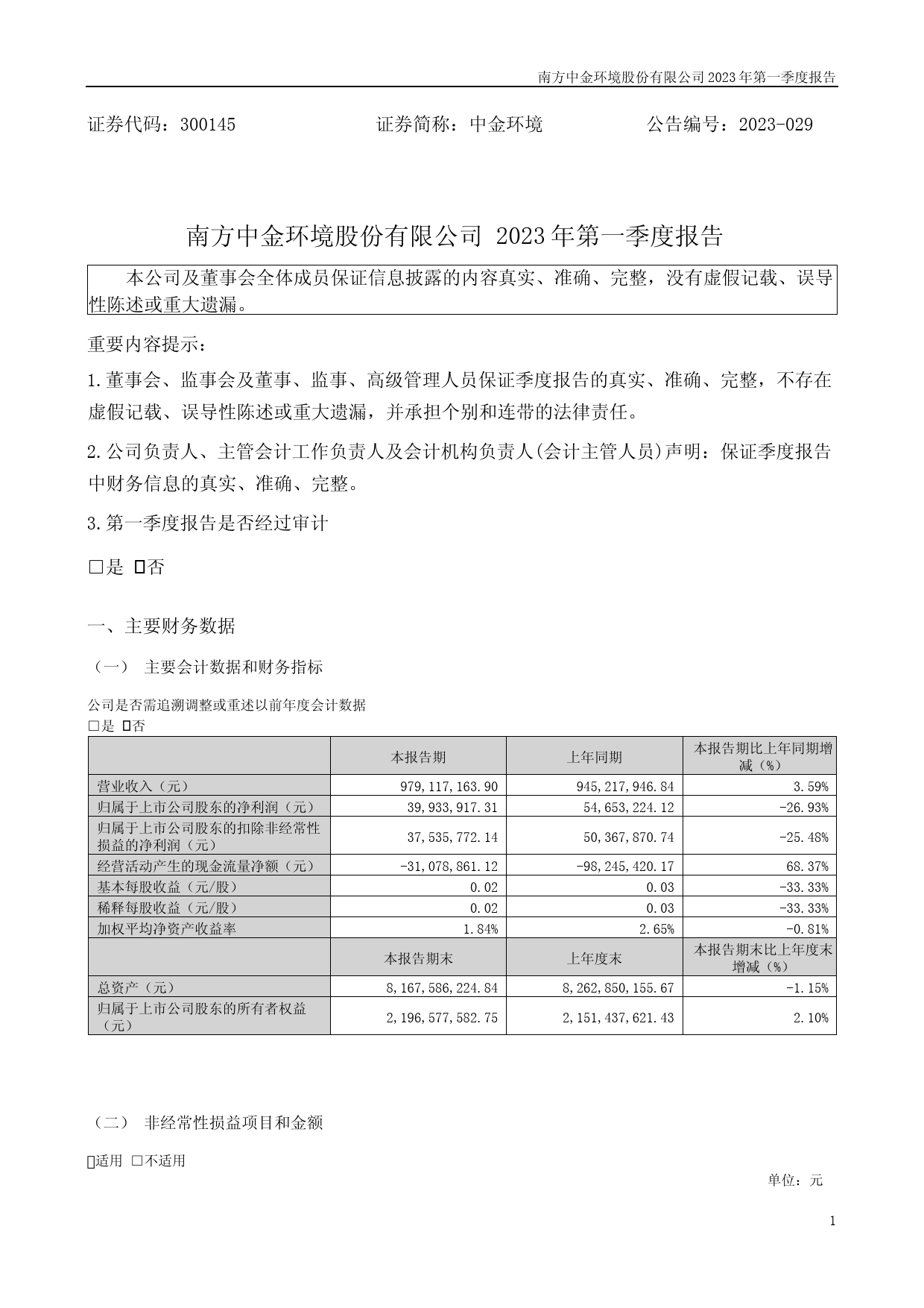 中金环境：2023年一季度报告_第1页