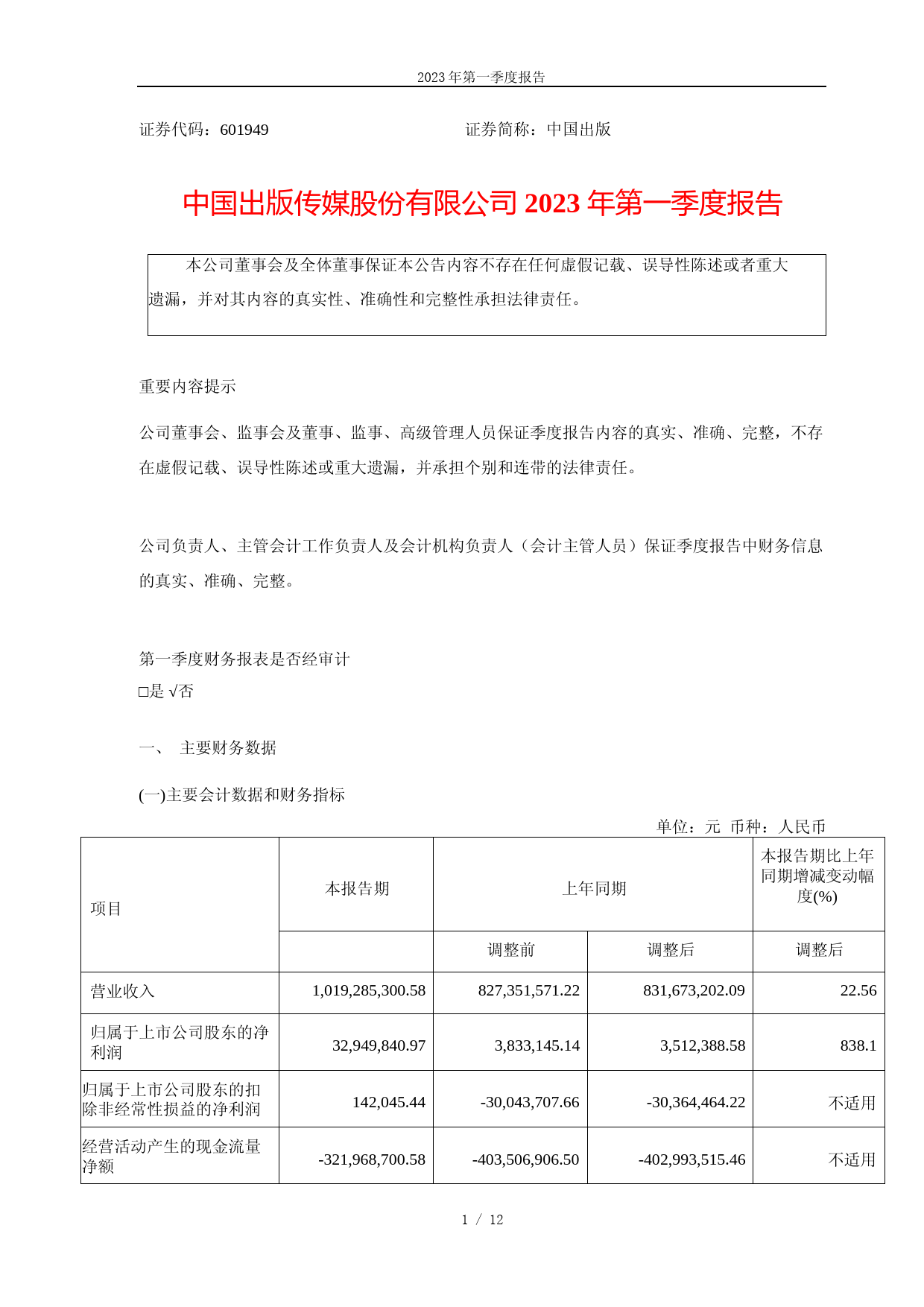 中国出版：中国出版传媒股份有限公司2023年第一季度报告