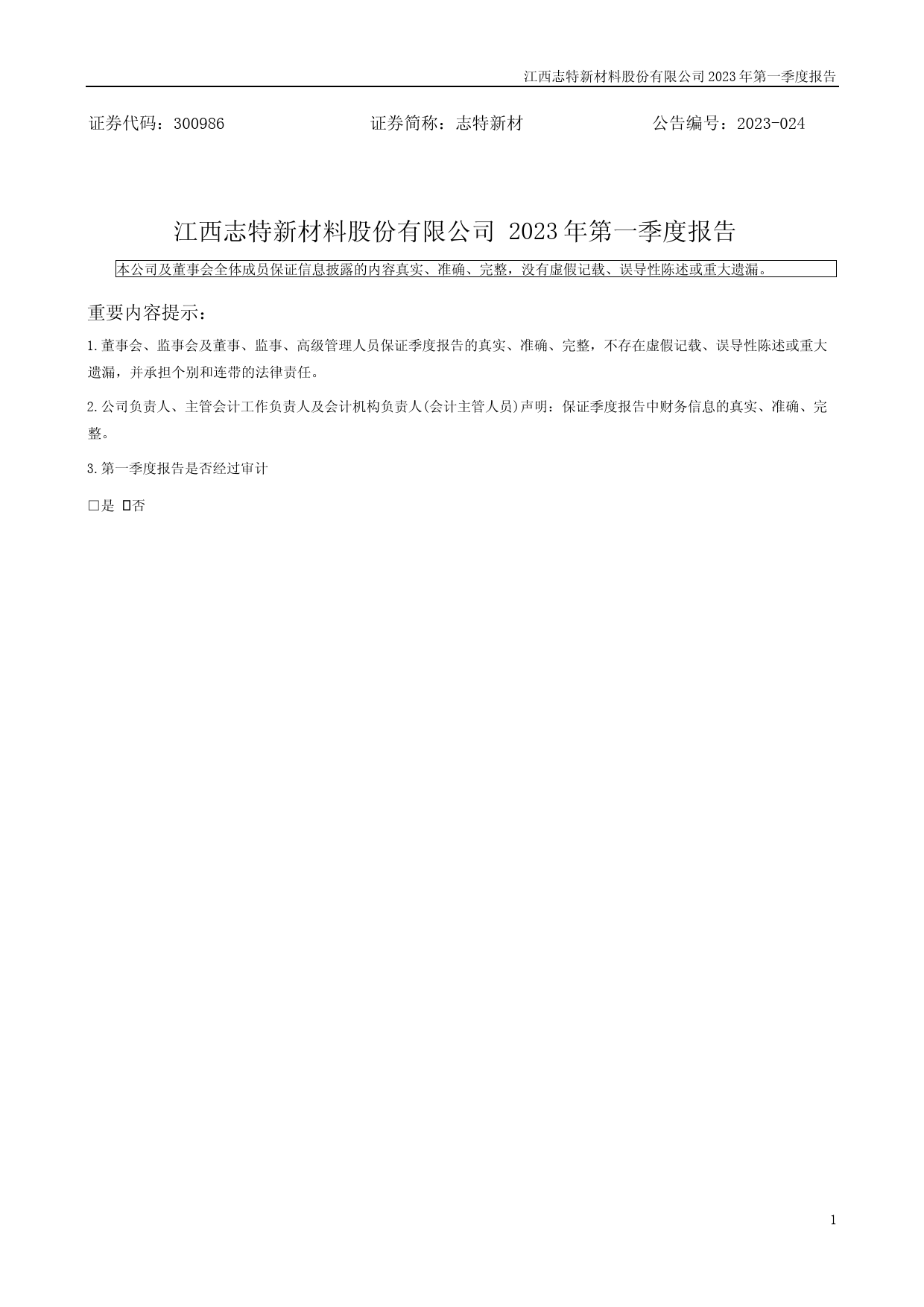 志特新材：2023年一季度报告_第1页
