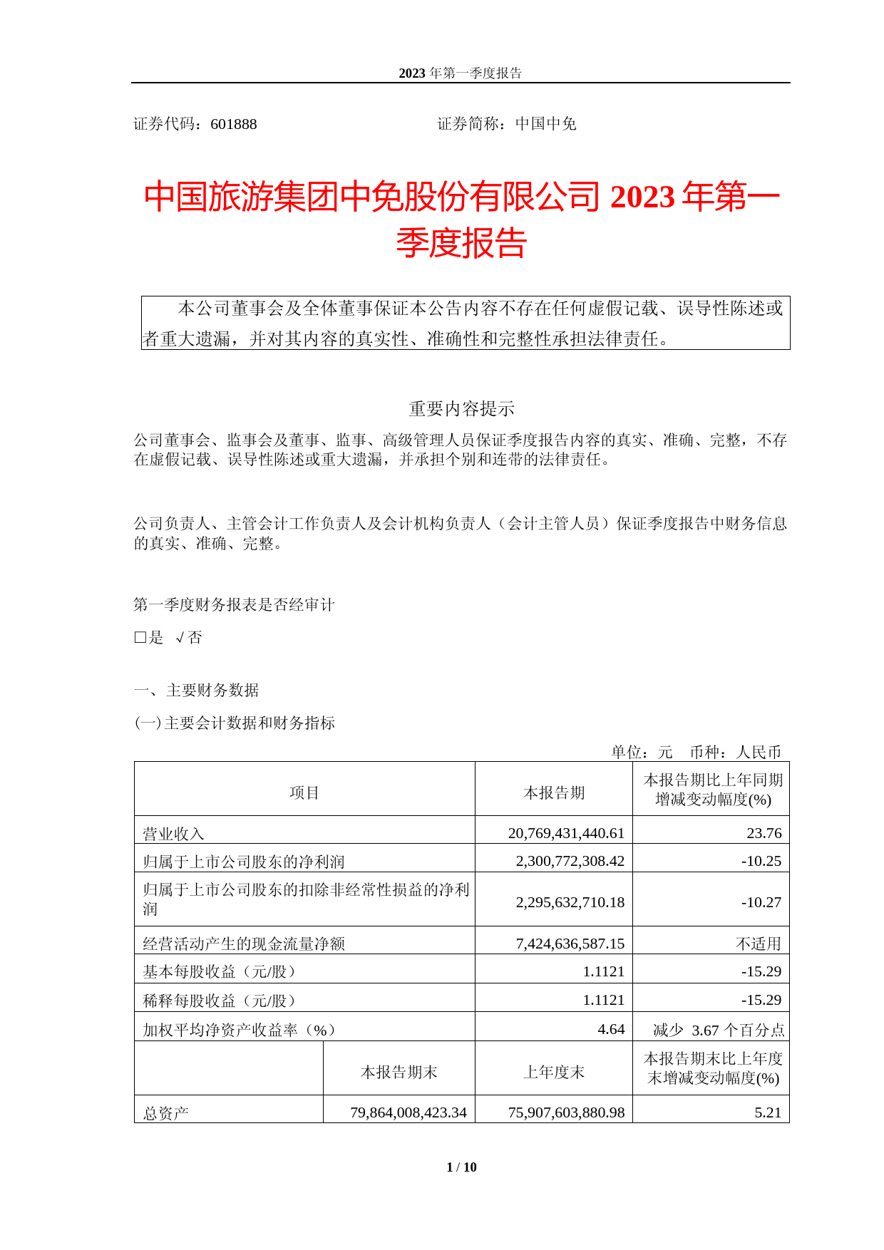 中国中免：中国旅游集团中免股份有限公司2023年第一季度报告
