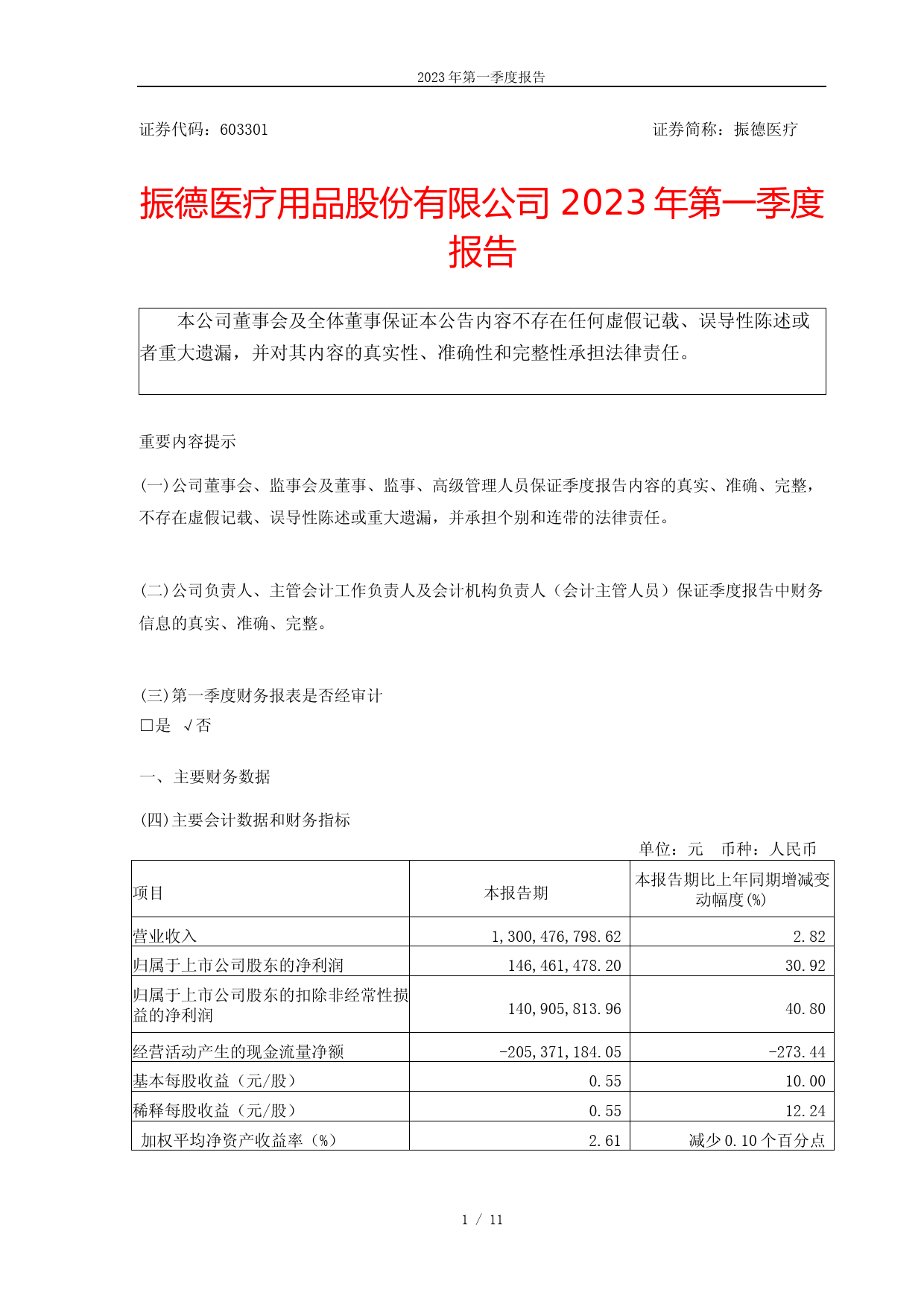 振德医疗：振德医疗2023年第一季度报告_第1页
