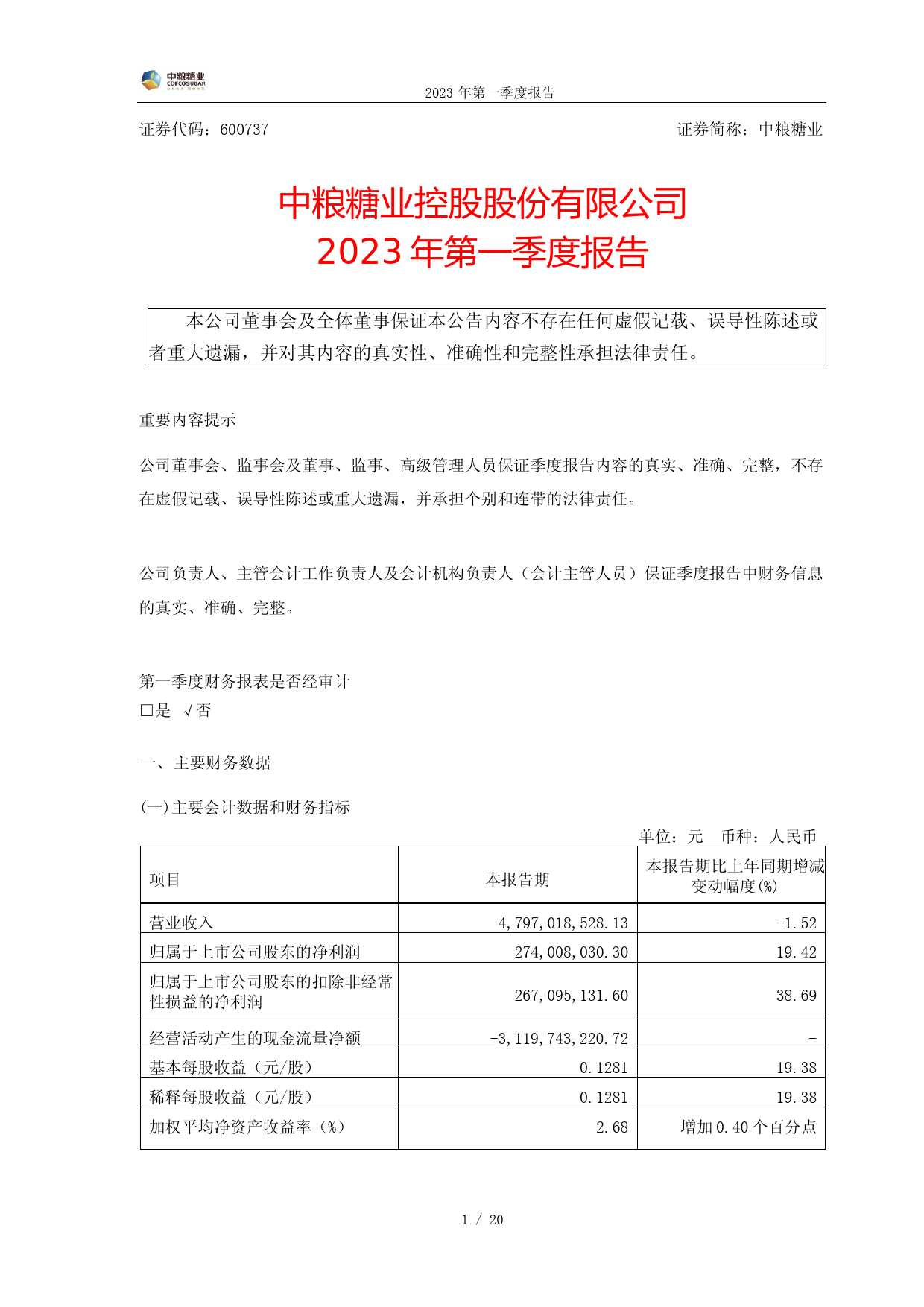 中粮糖业：中粮糖业控股股份有限公司2023年第一季度报告