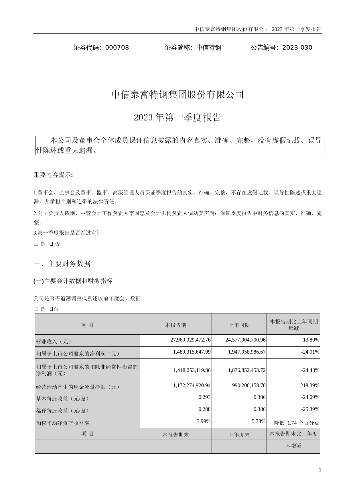中信特钢：2023年一季度报告