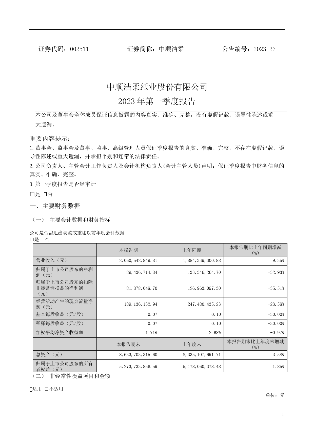 中顺洁柔：2023年一季度报告_第1页