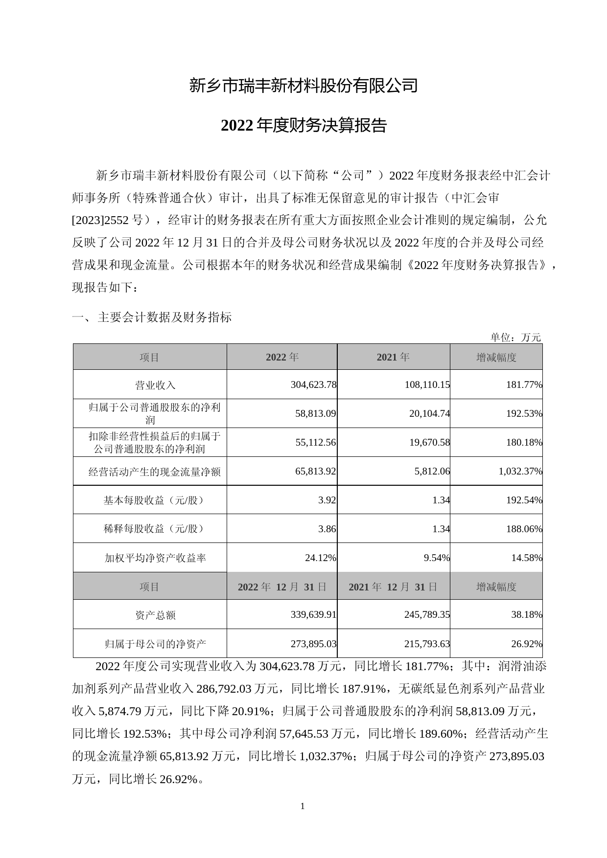 瑞丰新材：2022年年度财务报告_第1页
