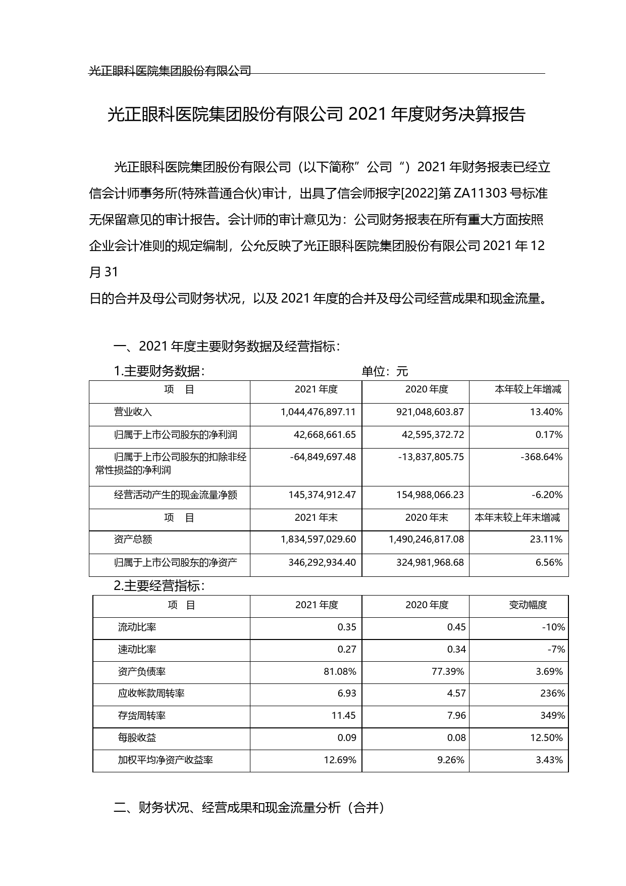 光正眼科：2021年年度财务报告