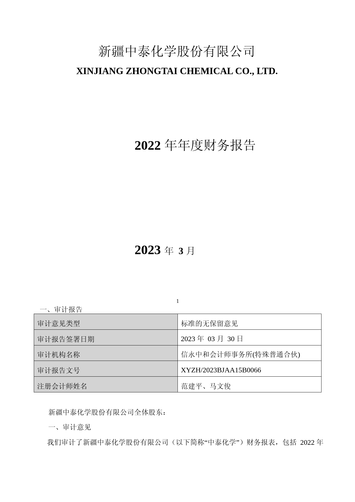 中泰化学：2022年年度财务报告