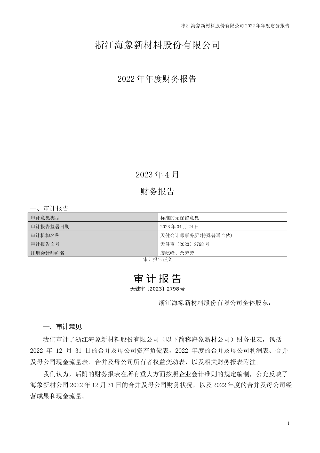 海象新材：2022年年度财务报告