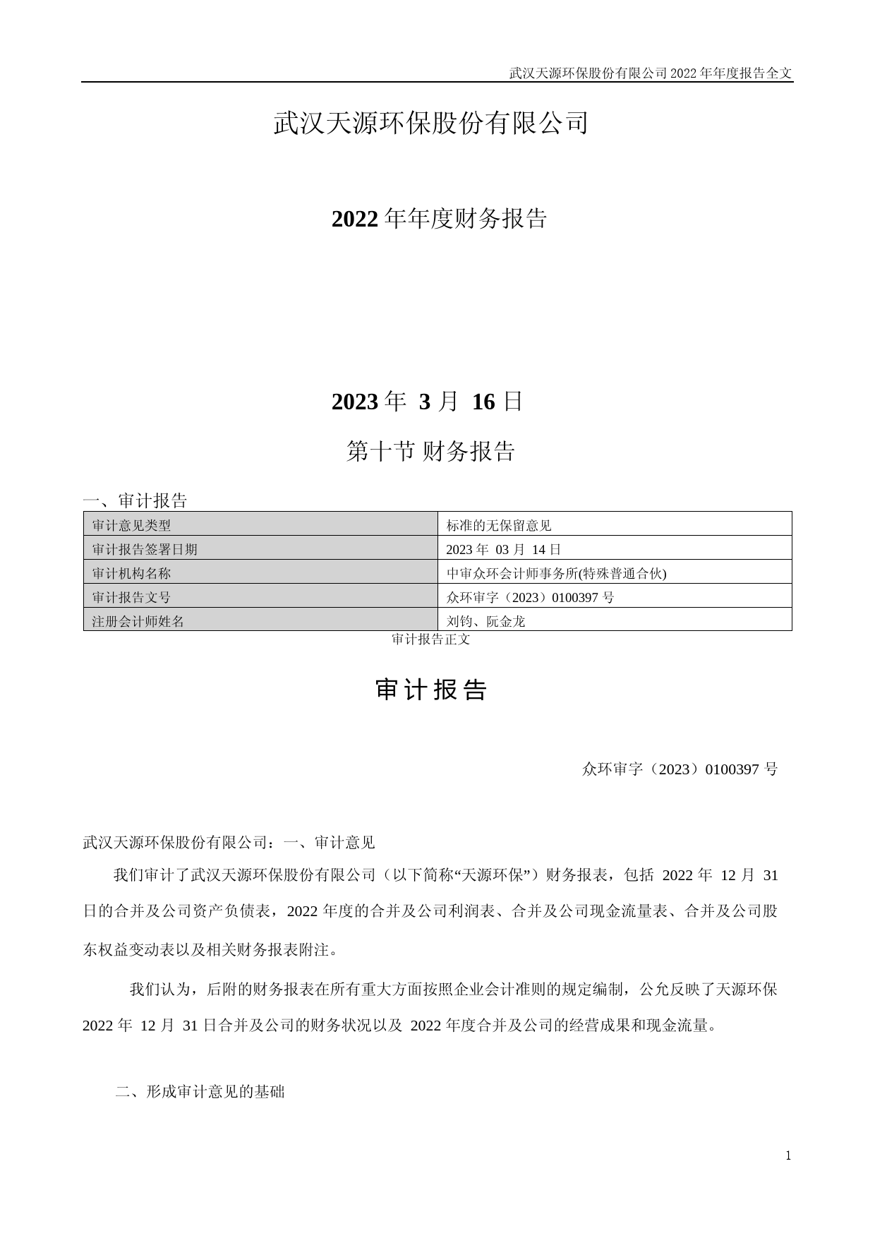天源环保：2022年年度财务报告_第1页