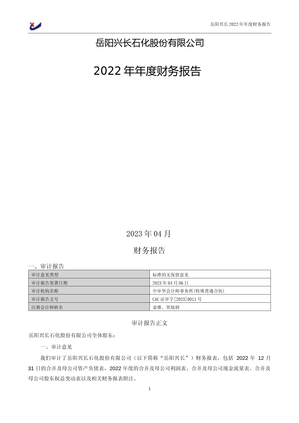 岳阳兴长：2022年年度财务报告
