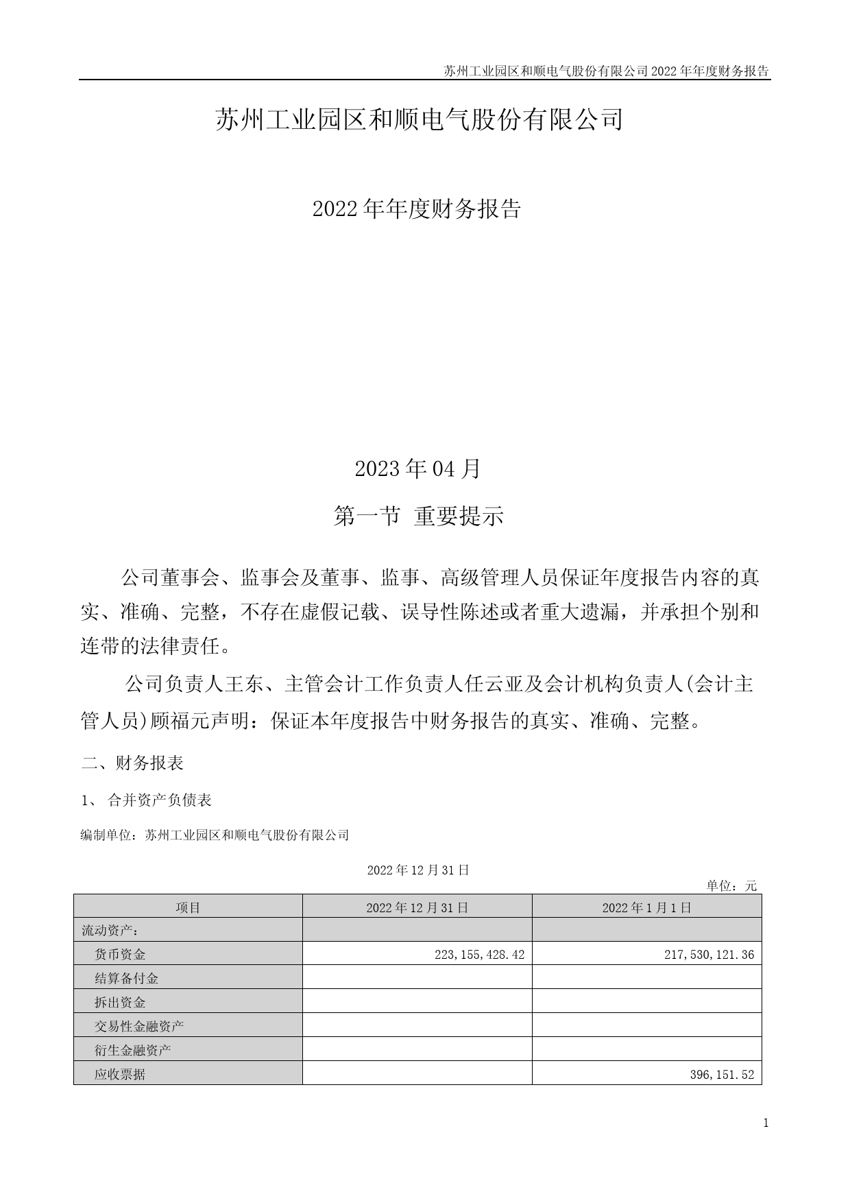和顺电气：2022年年度财务报告