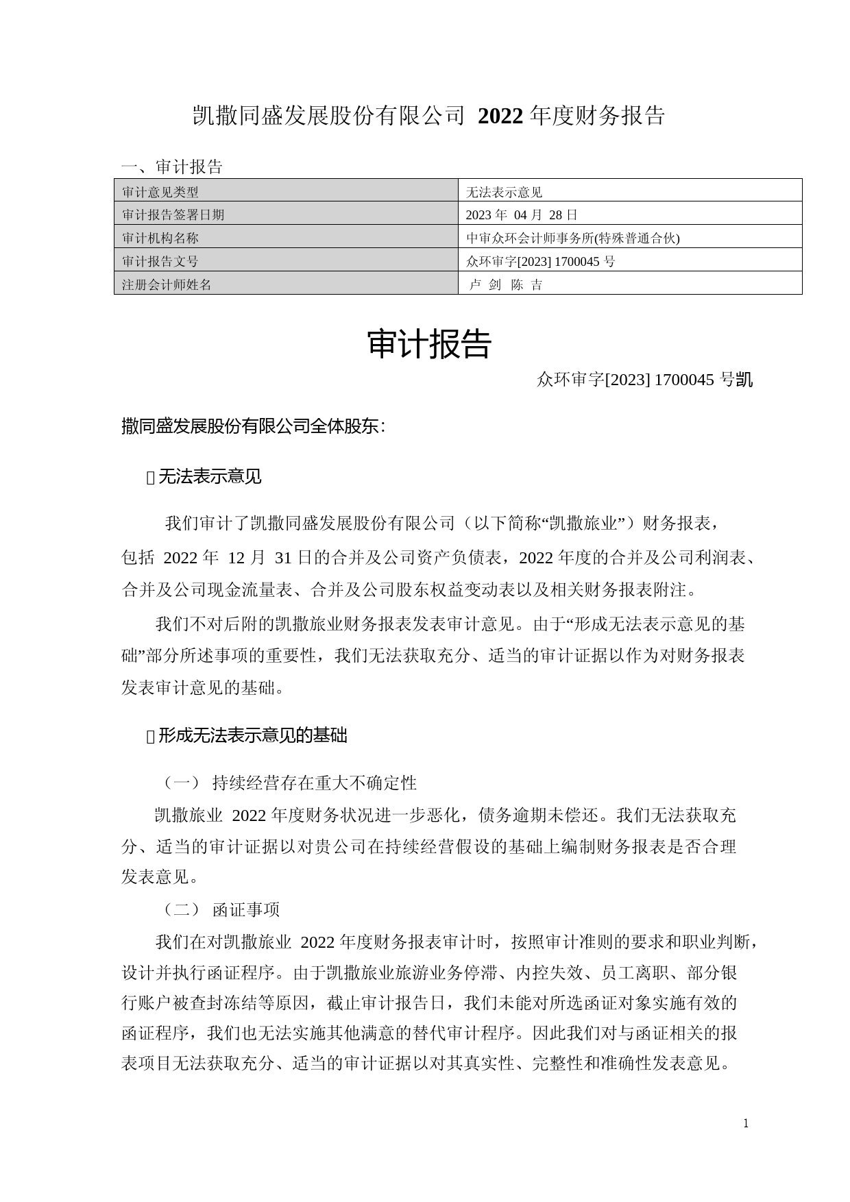 ST凯撒：2022年年度财务报告