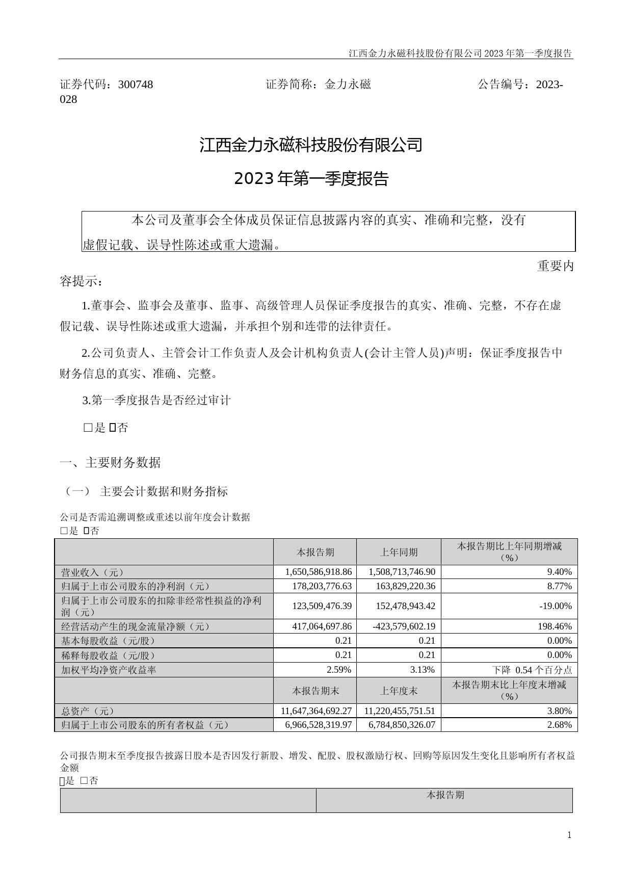金力永磁：2023年一季度报告