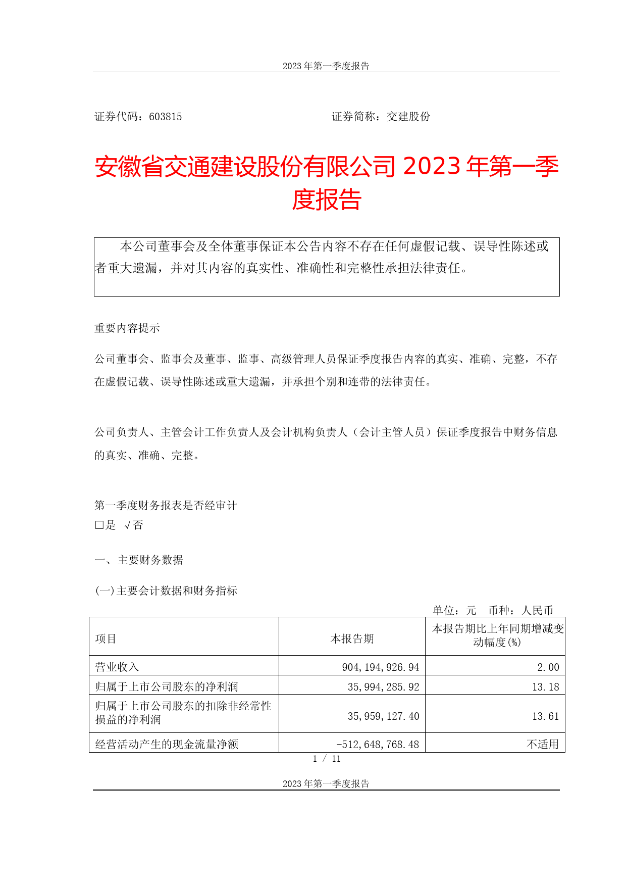 交建股份：安徽省交通建设股份有限公司2023年第一季度报告