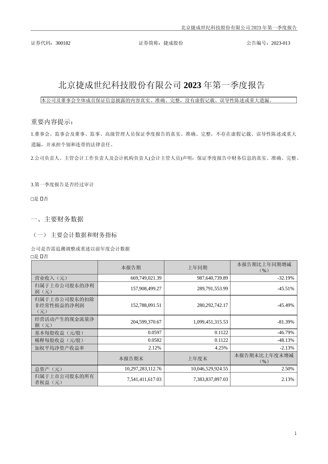 捷成股份：2023年一季度报告_第1页