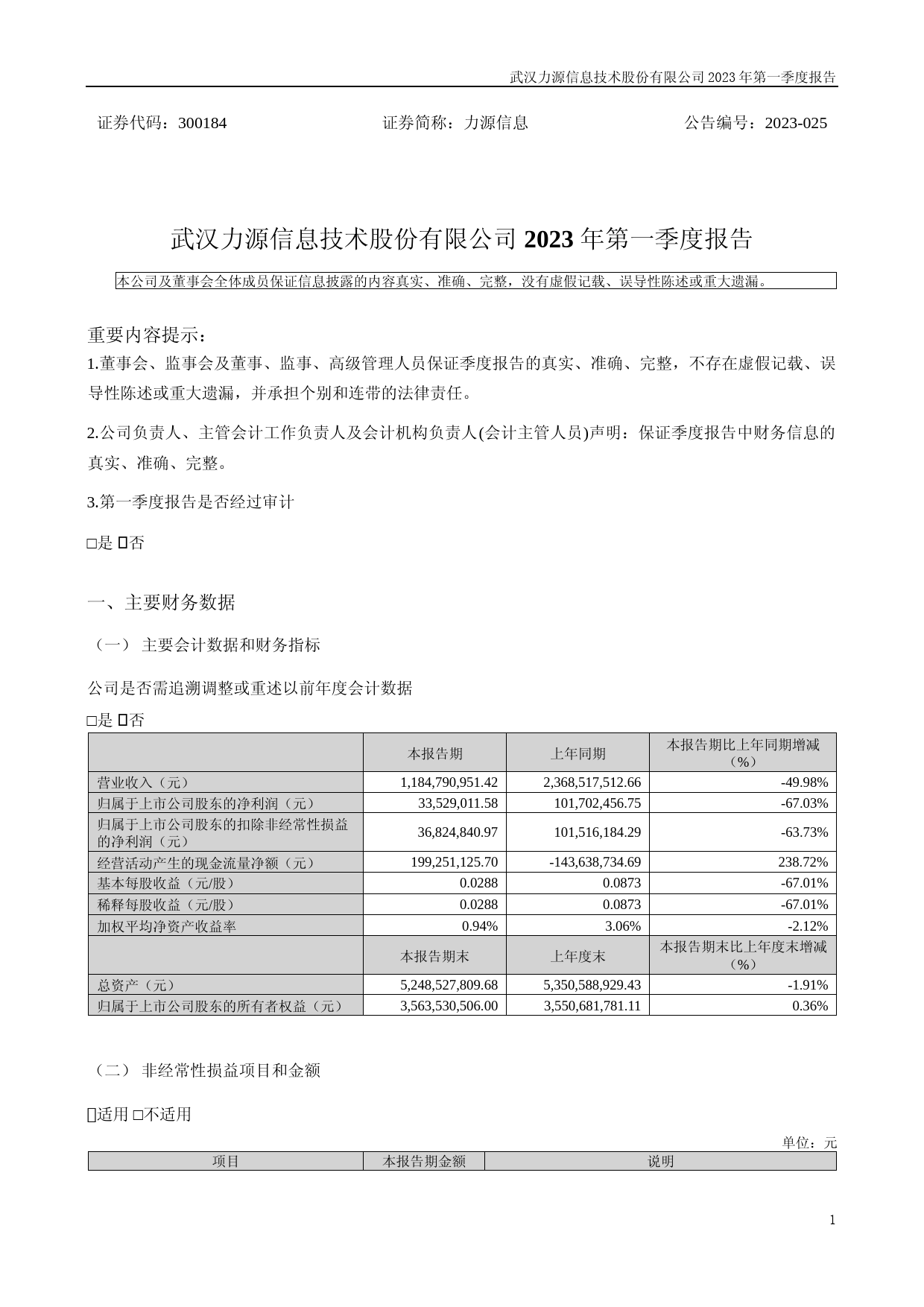 力源信息：2023年一季度报告