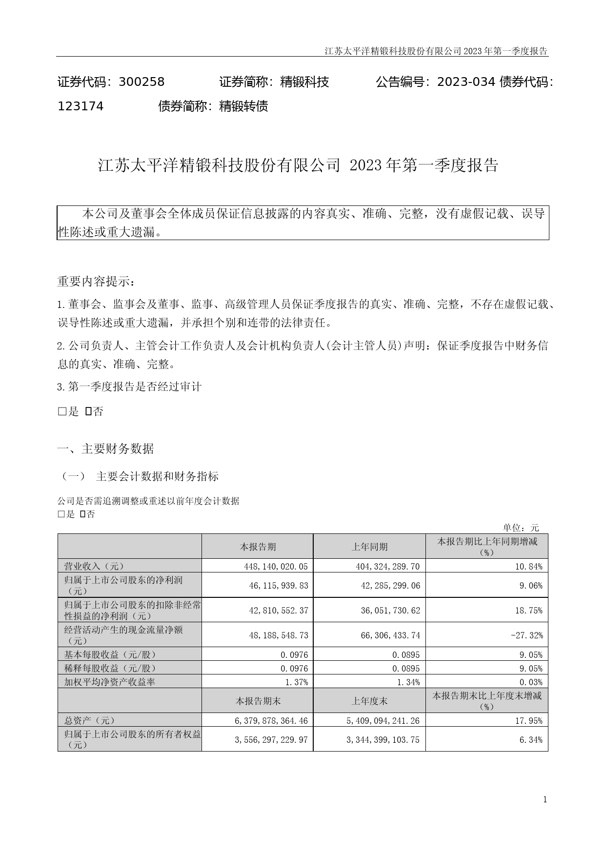 精锻科技：2023年一季度报告_第1页