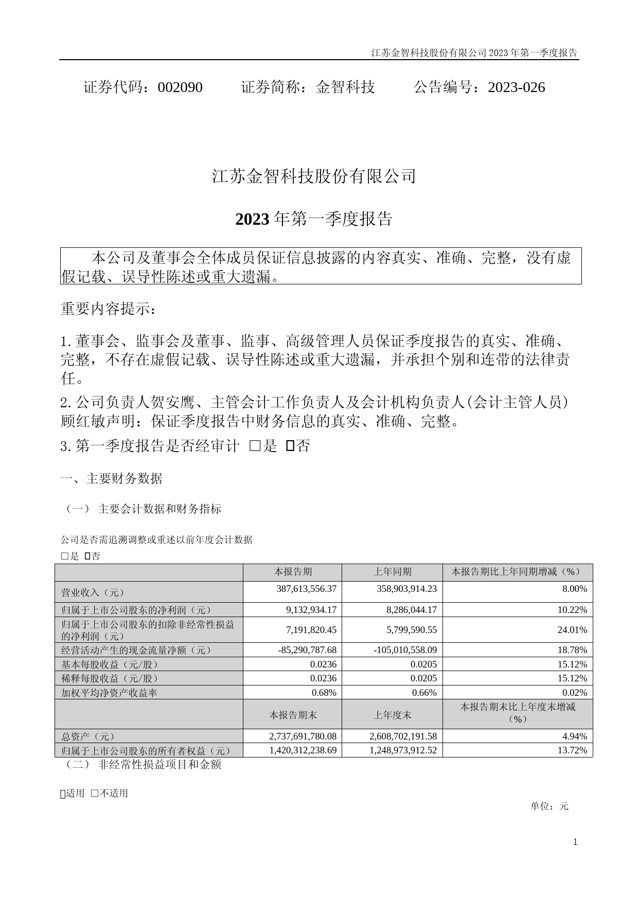 金智科技：2023年一季度报告_第1页