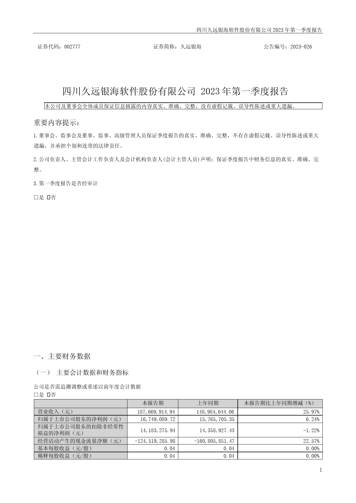 久远银海：2023年一季度报告