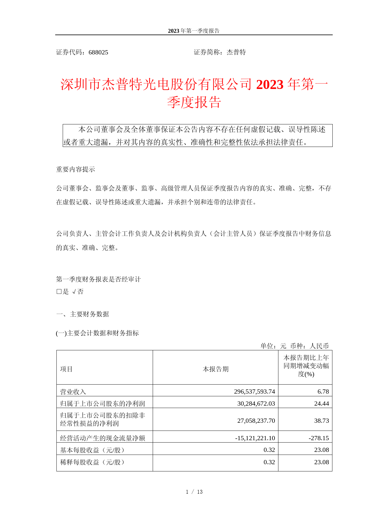 杰普特：深圳市杰普特光电股份有限公司2023年第一季度报告_第1页