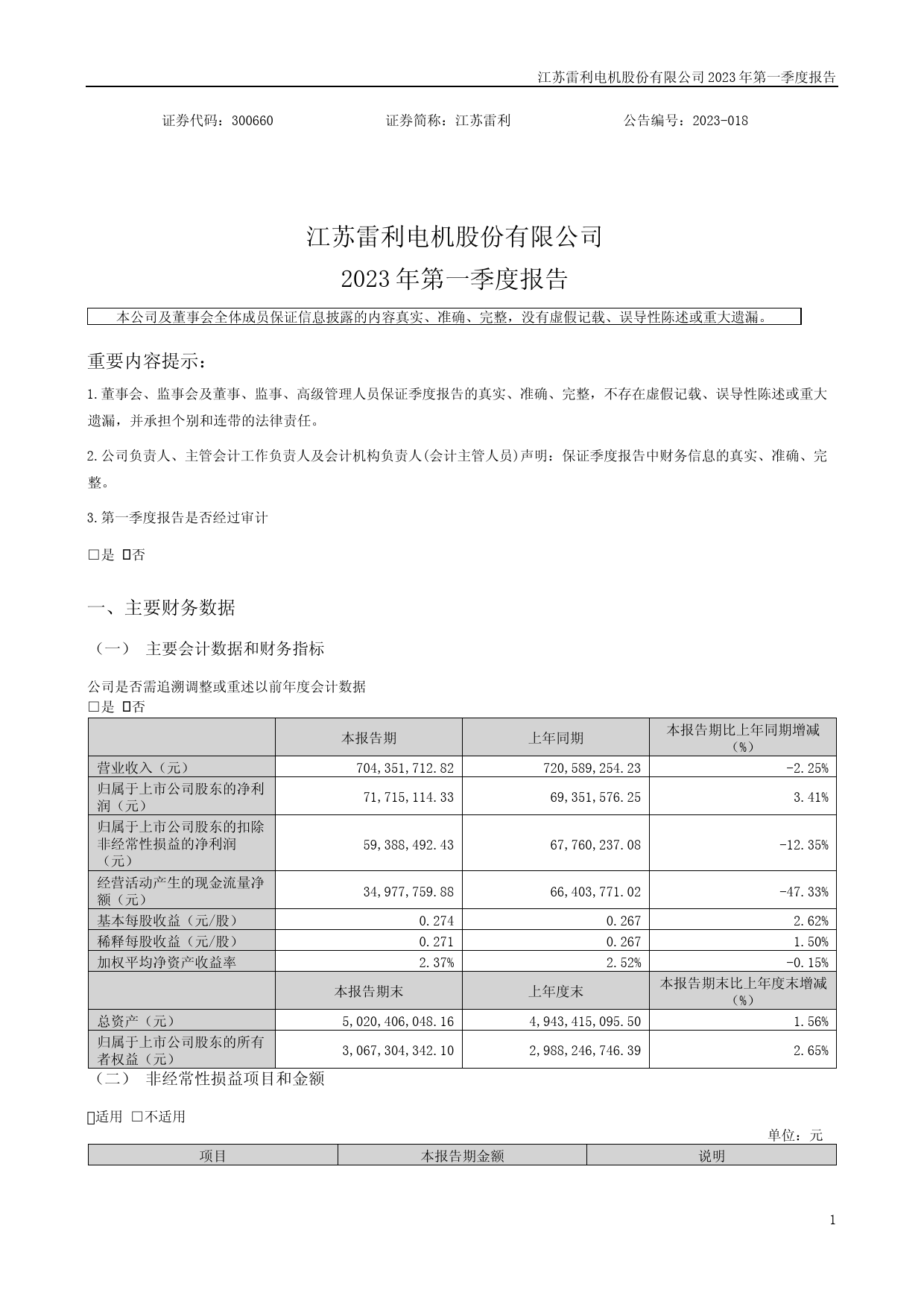 江苏雷利：2023年一季度报告