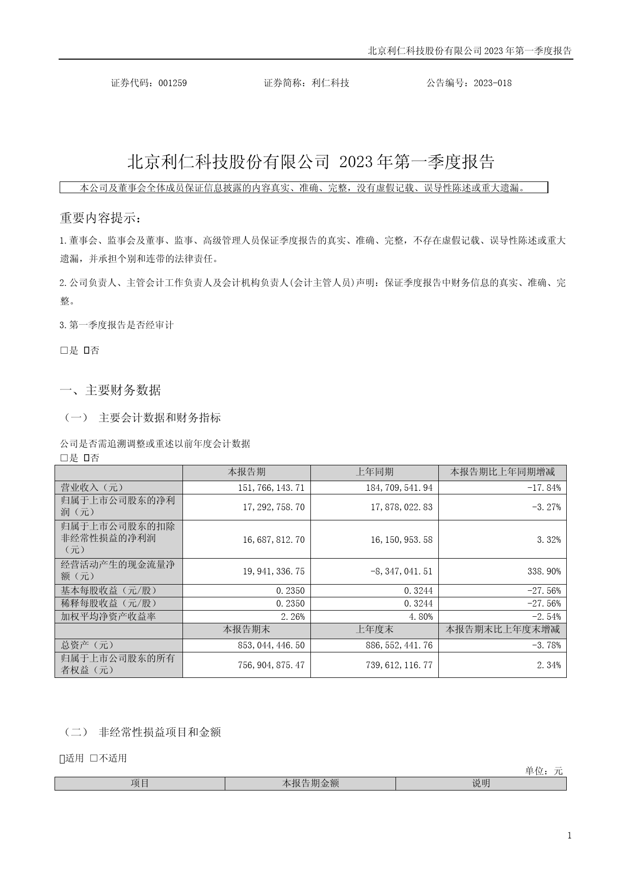 利仁科技：2023年一季度报告_第1页